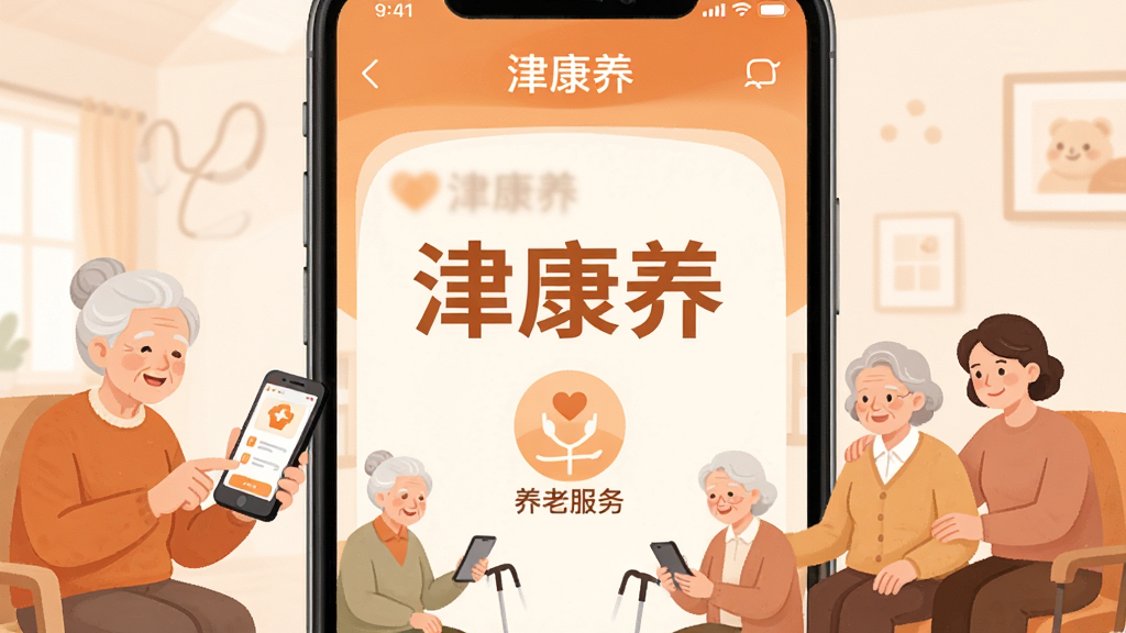 画面主体为一款名为“津康养”的手机App界面,界面风格简洁温馨,主色调为暖橙色,屏幕中央显示“津康养”三个大字和养老服务图标,周围环绕着老年人使用智能手机、家人陪伴指导的场景,布局清晰,排版有序,采用扁平化插画风格,细节丰富,画质高清,干净无多余元素