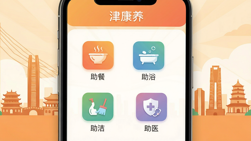 图片主体为智能手机屏幕展示“津康养”App的服务列表页面,包含“助餐”“助浴”“助洁”“助医”等彩色图标,背景为天津城市地标建筑轮廓,整体布局采用上下结构,风格写实结合扁平化设计,颜色温馨明亮,文字标签清晰显示“津康养”,画质细腻,干净无多余元素