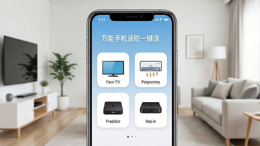 一张高清产品展示图,主体为一部现代智能手机屏幕正显示“万能手机遥控一键连”应用界面,界面中有电视、空调、机顶盒等家电图标,背景为简约明亮的客厅环境,布局清晰,排版舒适,风格写实,细节丰富,画质高清干净,无多余元素