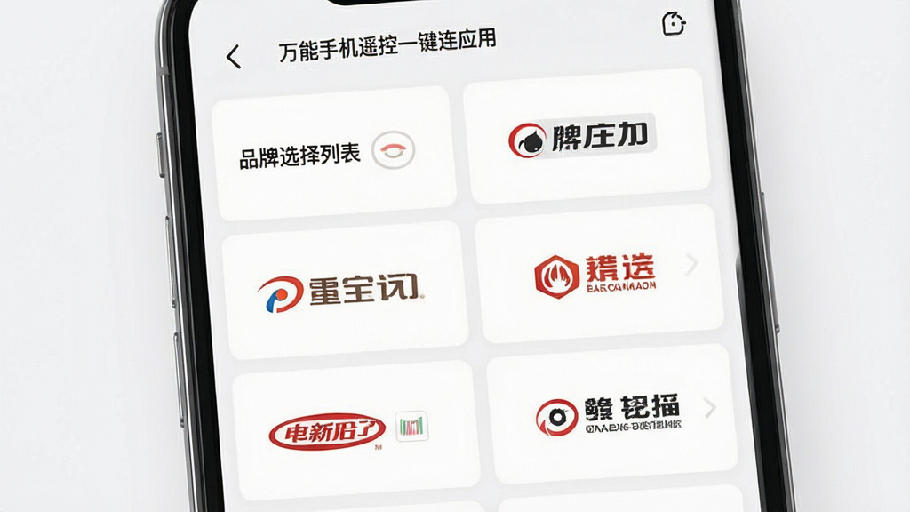 一张功能展示图,主体为万能手机遥控一键连应用中的品牌选择列表界面,列表中有多个主流家电品牌名称和Logo,布局整齐,排版清晰,风格简洁,细节逼真,画质高清干净,无多余元素