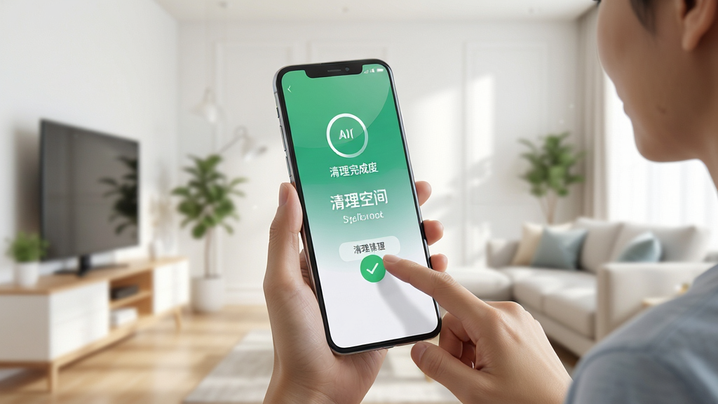 奇彩手机管家使用场景图,画面展示用户手持手机点击清理按钮,屏幕上显示清理完成速度和清理出的空间大小,背景为明亮的现代家居环境,画风写实,光线柔和,画质清晰干净,无多余元素