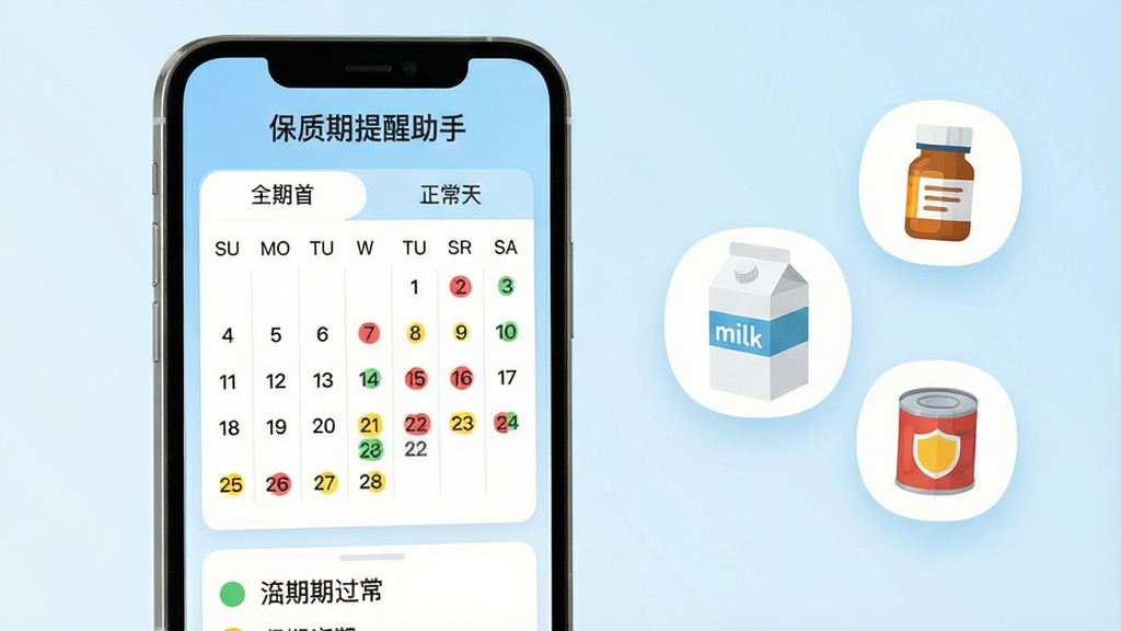 主体:一部智能手机屏幕显示保质期提醒助手主界面,界面中央是一个简洁的日历视图,日历上标记着不同颜色的圆点代表不同物品的过期日期。布局:手机位于画面中心偏左,右侧留白处悬浮着几个物品的图标,如牛奶盒、药瓶、罐头。排版:主界面顶部有“保质期提醒助手”字样,下方是日历与列表切换的标签。风格:扁平化设计,色彩清新明快,背景为淡蓝色渐变。细节:日历上的日期数字清晰,过期日期用红色圆点标注,临近日期用黄色圆点,正常日期用绿色圆点。画质:高清渲染,干净整洁,无多余元素。