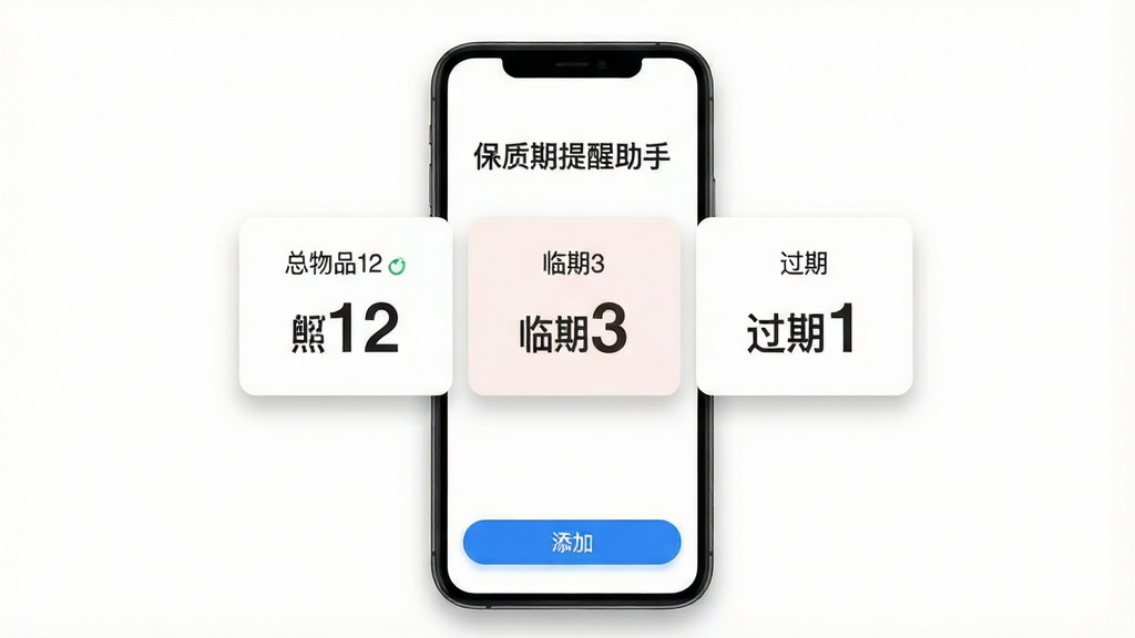 主体:保质期提醒助手应用启动画面,一台手机屏幕显示应用首页,顶部有“保质期提醒助手”文字,下方是物品统计卡片,显示“总物品12”、“临期3”、“过期1”。布局:手机居中,背景是纯白色,周围有淡淡的阴影。排版:统计卡片横向排列,数字用大号字体突出显示。风格:极简主义,无广告,无多余装饰。细节:页面底部有“添加”按钮,颜色为蓝色,按钮上写着“+”号。画质:高清,干净,无多余元素。