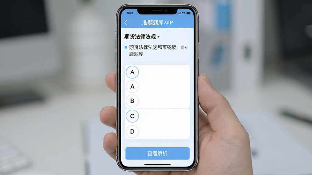 期货从业资格准题库APP的题库练习界面,屏幕上显示一道期货法律法规选择题,下方有A、B、C、D四个选项,页面底部有“查看解析”按钮,背景为淡蓝色,界面简洁大方,文字清晰,画质高清干净。