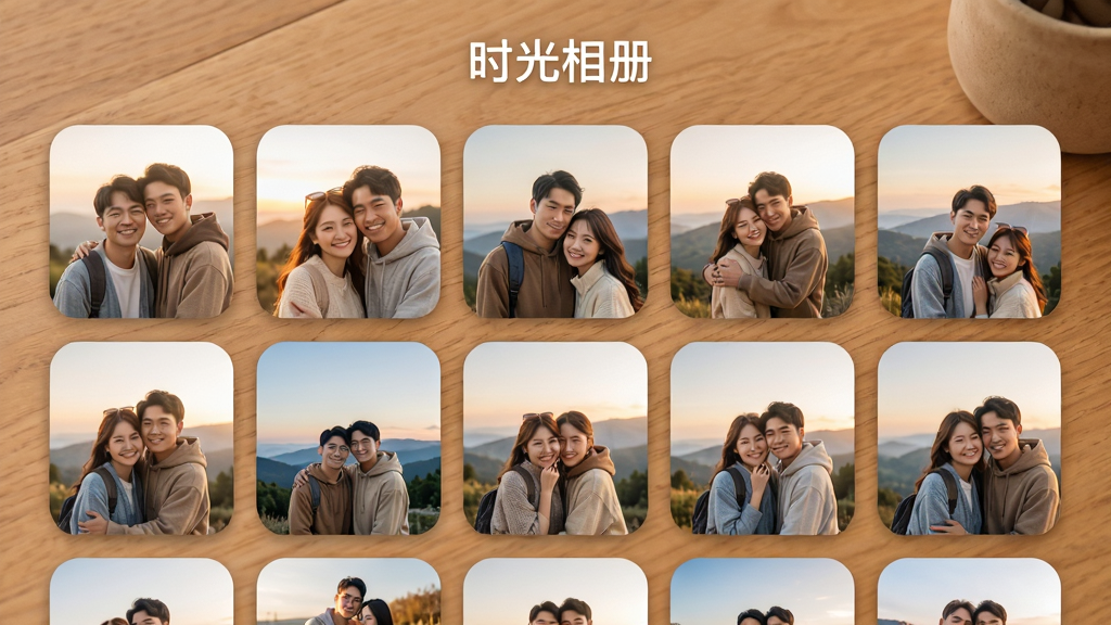 恋爱日App的时光相册界面,主体是网格排列的照片墙,照片内容为情侣合影和风景,上方有“时光相册”标题,背景是木质桌面,风格温馨,照片边缘有圆角,画质高清,干净无多余元素