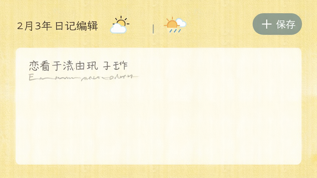 恋爱日App的日记编辑界面,主体是文本编辑区,背景是淡黄色纸张纹理,上方有日期和天气图标,右侧有保存按钮,风格简约文艺,文字清晰,画质干净无多余元素
