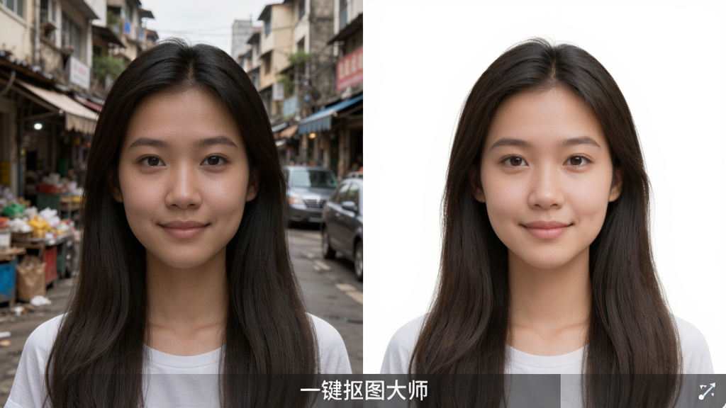 一张对比图,左侧为一张原始照片,背景是杂乱的街道,右侧为“一键抠图大师”处理后的效果图,人物主体被完整抠出,背景变为纯白色,人物发丝边缘细节清晰,无残留背景痕迹,图片下方有“一键抠图大师”的软件水印,整体排版简洁,风格专业,画质干净,无多余元素