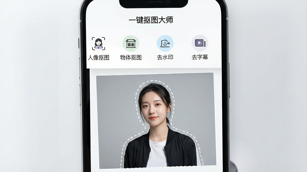 一张展示智能手机屏幕的图片,屏幕中清晰显示“一键抠图大师”应用的主界面,界面风格简洁明亮,上方有“人像抠图”、“物体抠图”、“去水印”、“去字幕”四个主要功能图标,中间展示一张示例照片,照片中的人物主体被高亮选中并与背景分离,边缘有流动的虚线标识,背景为浅灰色渐变,整体布局干净,UI设计现代,画质高清,干净,无多余元素