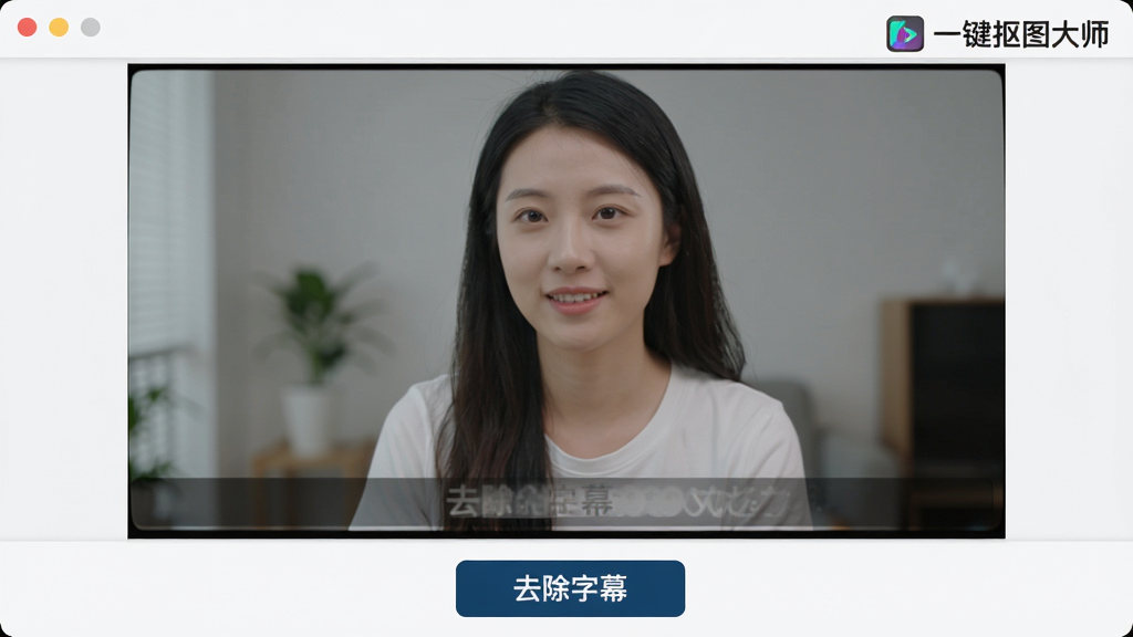 一个视频编辑界面的预览窗口,视频画面中下方有一行白色字幕,界面下方有“去除字幕”的功能按钮,点击后画面上的字幕逐渐消失,背景画面保持清晰流畅,预览窗口右上角显示“一键抠图大师”的Logo,界面设计简洁,操作按钮醒目,画质高清,干净,无多余元素