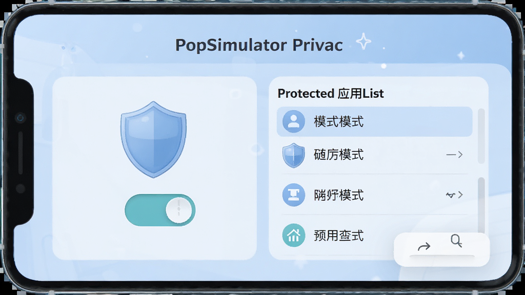 PopSimulator��˽�������ܽ��棬չʾ��˽ģʽ�������ܱ���Ӧ���б�������ͼ�꣬�����ɫ���������Ѻã������������ɾ��޶���Ԫ��