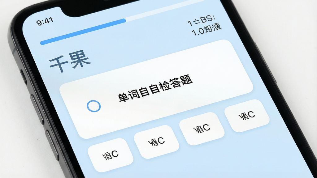 手机屏幕特写,显示“千果”应用的单词自检答题界面,一道选择题占据屏幕中央,四个选项按钮排列下方,右上角有答题计时器,背景为淡蓝色,顶部有进度条,界面简约现代,细节清晰,画质高清,干净无多余元素