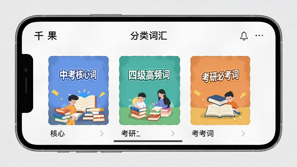 手机横屏展示“千果”英语学习应用内的“分类词汇”页面,列表显示“中考核心词”“四级高频词”“考研必考词”等词书封面,封面色彩各异,采用扁平化插画风格,背景为浅灰色,界面布局整齐,画质细腻,干净无多余元素