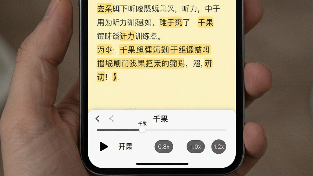手机界面展示“千果”的听力训练页面,音频播放器在屏幕下方,显示播放进度和倍速调节按钮(0.8x、1.0x、1.2x),上方为听力原文文本,高亮显示当前播放句子,背景为淡黄色,排版舒适,画质清晰,干净无多余元素