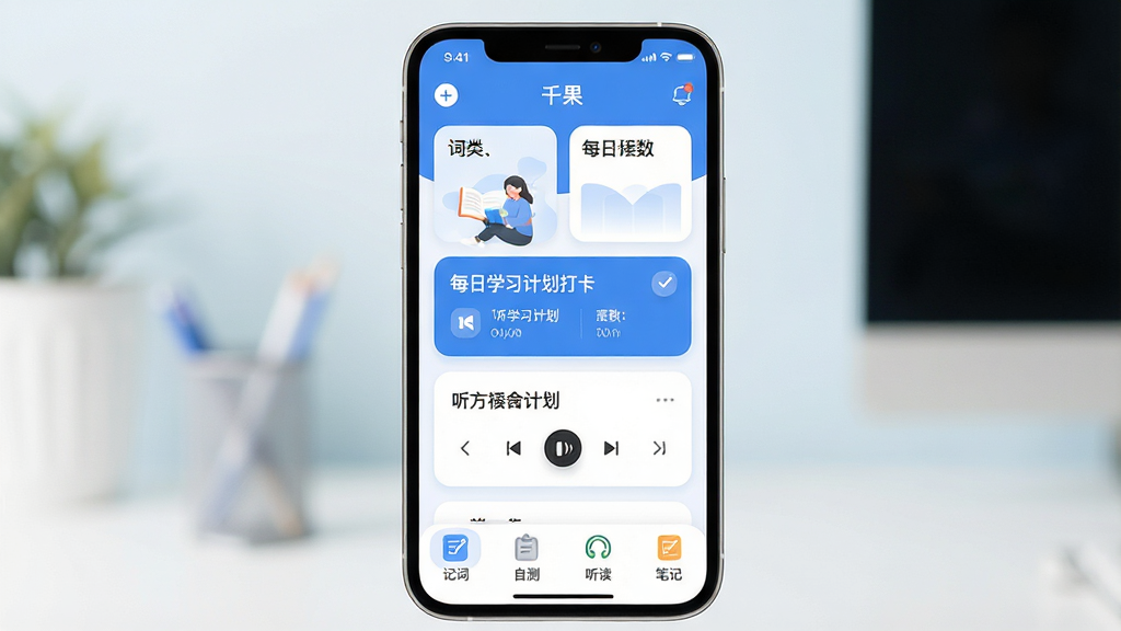画面主体为一款名为“千果”的英语学习手机应用界面,智能手机屏幕居中,屏幕内展示分类词汇书、每日学习计划打卡与听力播放模块,界面风格清新简洁,以蓝白为主色调,圆角卡片布局,下方有“记词”“自测”“听读”“笔记”四个功能标签。整体排版干净,光效柔和,细节丰富,画质高清,干净无多余元素