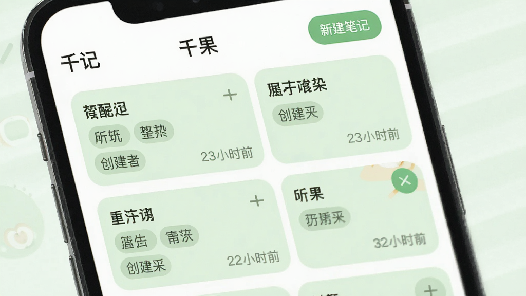 手机界面展示“千果”的笔记列表页,每张笔记卡片显示标题、标签和创建时间,卡片采用圆角设计,背景为浅绿色,右上角有“新建笔记”按钮,风格清新,画质干净,无多余元素