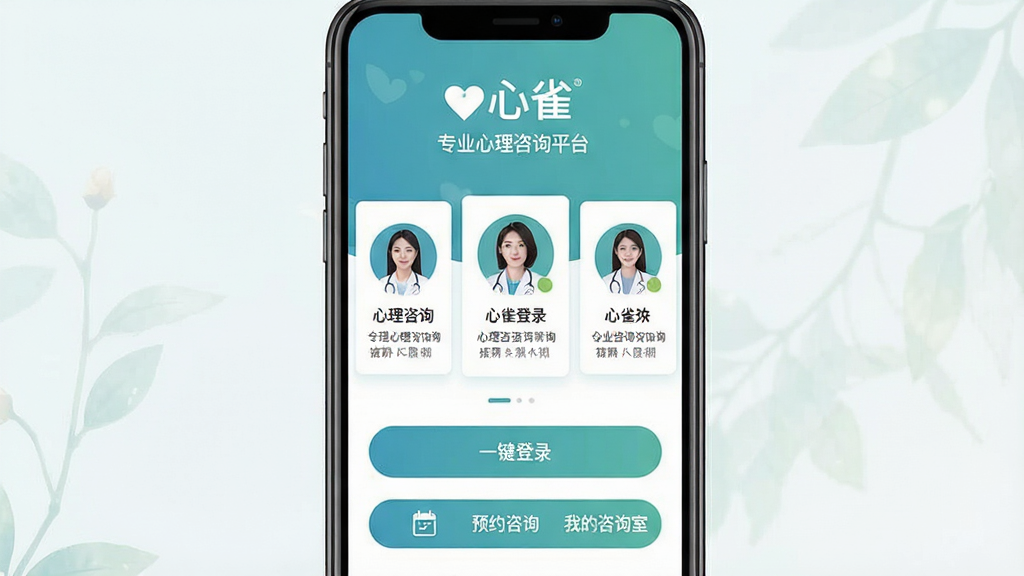 画面主体为一部智能手机屏幕显示心雀APP主界面,界面风格清新淡雅,以蓝绿色调为主,顶部显示“心雀”logo和“专业心理咨询平台”字样,中间是几位心理咨询师的头像和简介卡片,下方有“一键登录”“预约咨询”“我的咨询室”等按钮,整体布局简洁大气,扁平化设计,细节丰富,画质清晰干净,无多余元素