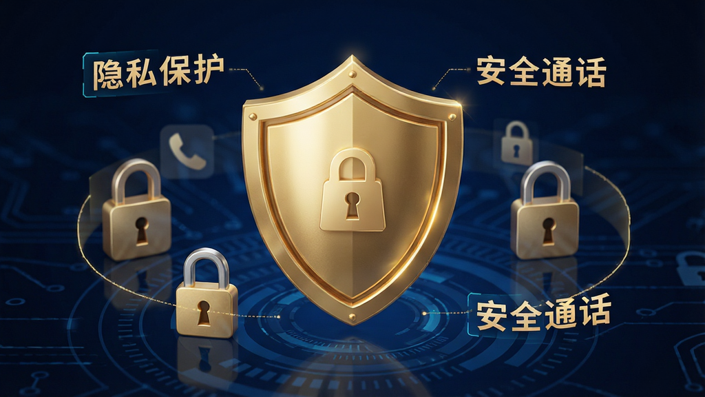 心雀APP隐私保护功能示意图,画面中一个金色盾牌图标位于中央,周围环绕着锁形图案和“隐私保护”“安全通话”字样,背景为深蓝色科技感纹理,整体设计庄重,细节精致,画质清晰,无多余元素