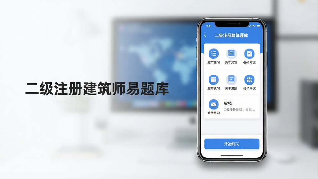 画面主体为一部智能手机屏幕正显示“二级注册建筑师易题库”应用界面,界面中清晰展示题库列表和“开始练习”按钮,背景虚化处理,突出手机主体;布局采用手机居中偏右、左侧留白放置应用名称文字;排版干净整洁,留白充足;风格为现代扁平化结合轻微拟物质感,色彩以蓝白为主,清爽专业;细节包括屏幕内显示“章节练习”“历年真题”“模拟考试”等模块图标,手机下方有淡淡阴影;画质高清,整体干净无多余元素。