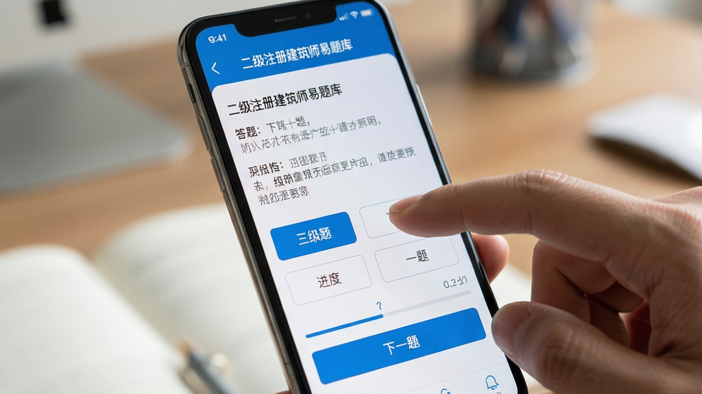 画面主体为一只手正在点击手机屏幕上的“二级注册建筑师易题库”应用,屏幕显示答题界面,有题目文字和四个选项按钮;布局为手机特写,占据画面中心,背景为模糊的书桌场景;排版突出屏幕内容,按钮清晰;风格真实摄影感,光线柔和;细节包括手指点击的动势、屏幕上的“下一题”按钮、进度条显示;画质高清,干净无多余元素。