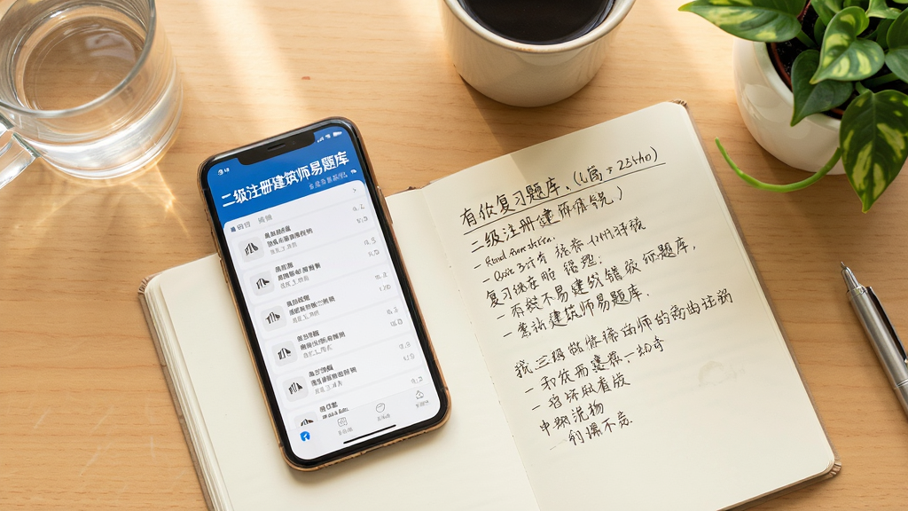 画面主体为一部手机和一本笔记本并排放在桌面上,手机屏幕显示“二级注册建筑师易题库”错题库界面,笔记本上写有复习笔记;布局为俯拍视角,手机和笔记本错落摆放;排版自然,有生活气息;风格清新明亮,暖色调;细节包括手机屏幕中的错题列表、笔记本上的手写文字、桌面上的水杯和绿植;画质高清,干净无多余元素。