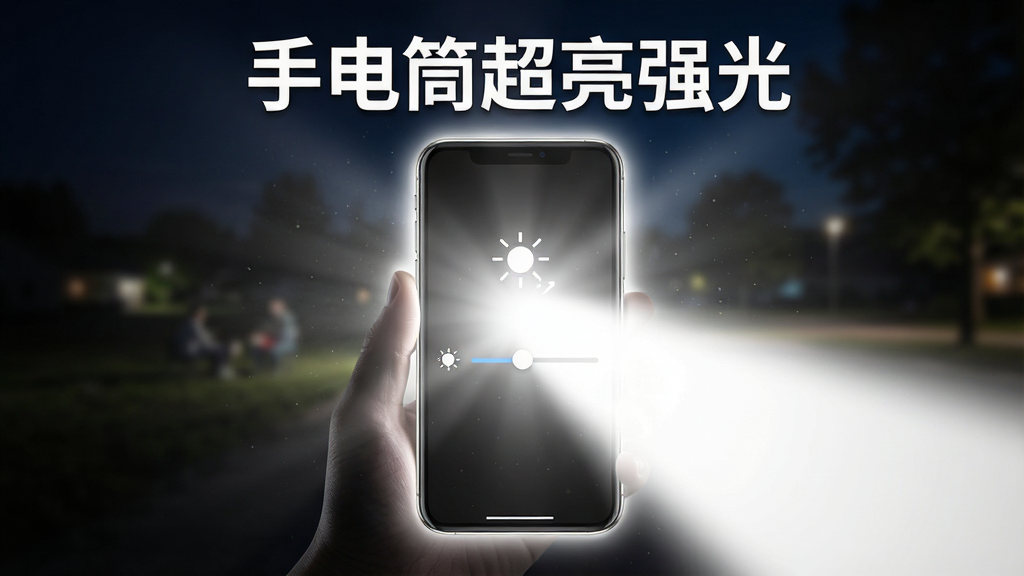 主体:一款名为“手电筒超亮强光”的手机应用界面,手机屏幕发出耀眼的白光,照亮周围黑暗的环境,背景是模糊的夜间户外场景。布局:手机居中,光源向四周扩散,画面简洁。排版:应用名称“手电筒超亮强光”以醒目字体显示在手机屏幕上方,下方有亮度调节滑块。风格:写实与科技感结合,高光对比。细节:手机边缘有轻微光晕,光线中可见细小尘埃,画质:高清,干净,无多余元素。