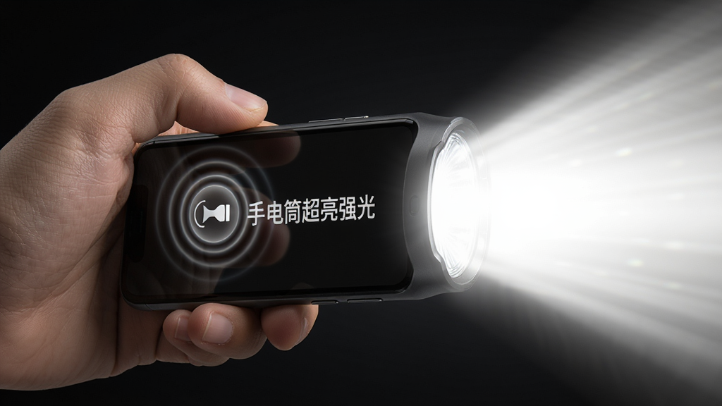 主体:一只手正拿着手机,点击屏幕上的手电筒图标,手机屏幕瞬间发出明亮光线。布局:手部动作在画面左侧,手机在右侧,光线向右延伸。排版:手机屏幕上有“手电筒超亮强光”文字标识。风格:写实风格,动态感强。细节:手指点击处有光效涟漪,光线呈放射状。画质:高清,干净,无多余元素。