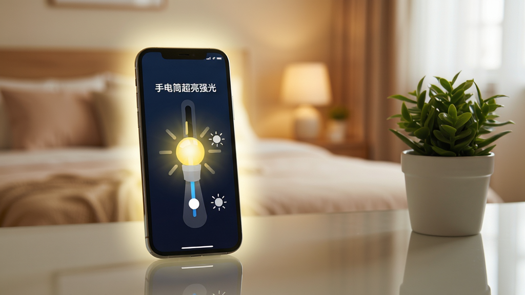 主体:手机放置在桌面上,屏幕亮起显示“手电筒超亮强光”应用界面,背景是温馨的卧室环境,光线柔和。布局:手机居中偏左,右侧有绿植小盆栽。排版:手机屏幕上有应用名称和亮度滑条。风格:生活化场景,光线自然。细节:手机周围有轻微光晕,桌面有倒影。画质:高清,干净,无多余元素。