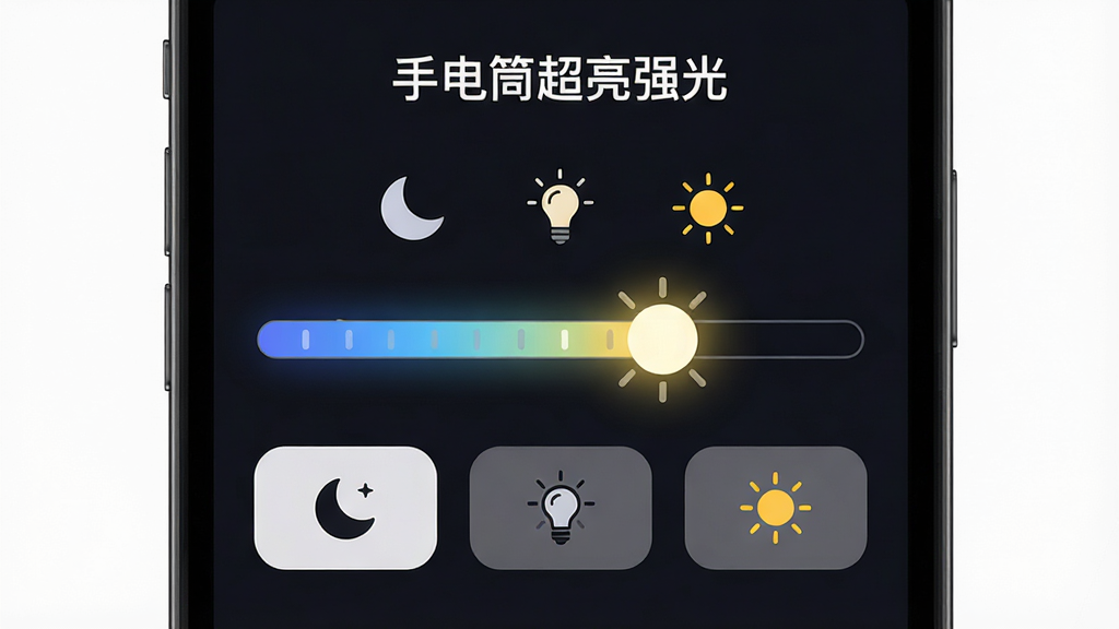 主体:手机屏幕显示“手电筒超亮强光”应用的亮度调节界面,有滑条和不同亮度等级的图标(月亮、灯泡、太阳)。布局:界面居中,背景为深色,突出亮度选项。排版:上方是应用名称,中间是大号亮度滑条,下方是三个预设模式按钮。风格:简洁现代,图标清晰。细节:滑条上有渐变光效,当前亮度高亮显示。画质:高清,干净,无多余元素。