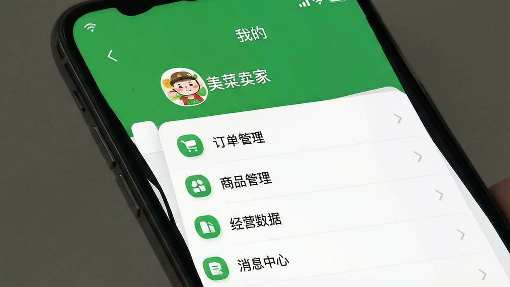 一张手机截图风格的图片,展示“美菜卖家”APP的“我的”页面,页面顶部显示店铺头像和名称,下方有订单管理、商品管理、经营数据、消息中心等菜单选项,整体UI风格为绿白配色,图标圆润清晰,背景为纯白色,突出功能列表的整洁与易用性,画质清晰,无多余元素