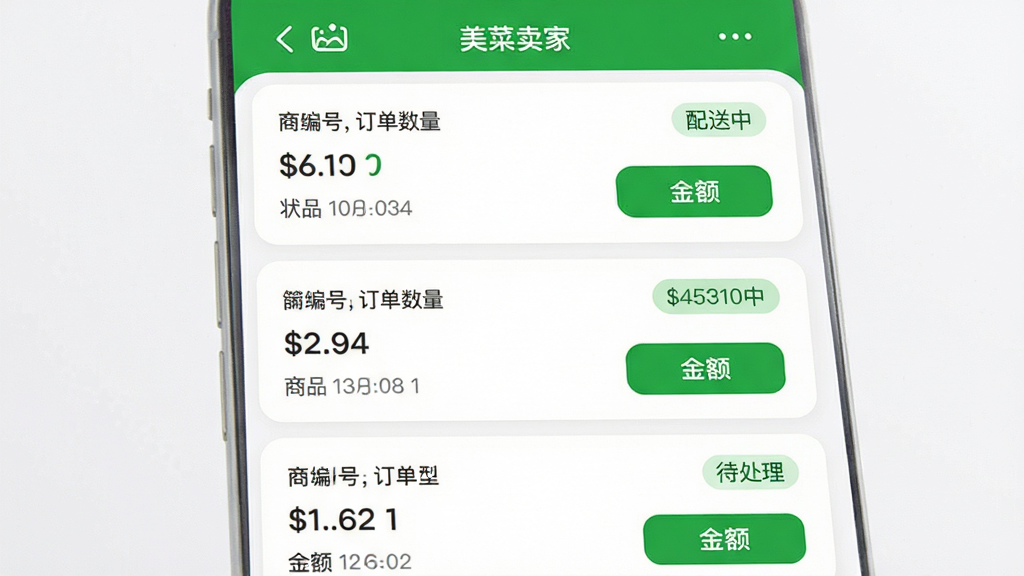 手机应用界面截图设计,展示“美菜卖家”的订单列表页面,每个订单卡片清晰显示订单编号、商品数量、金额和状态标签(如待处理、配送中),卡片设计为圆角白色背景,绿色按钮醒目,整体UI设计现代简洁,信息层级分明,画质高清,干净无多余元素