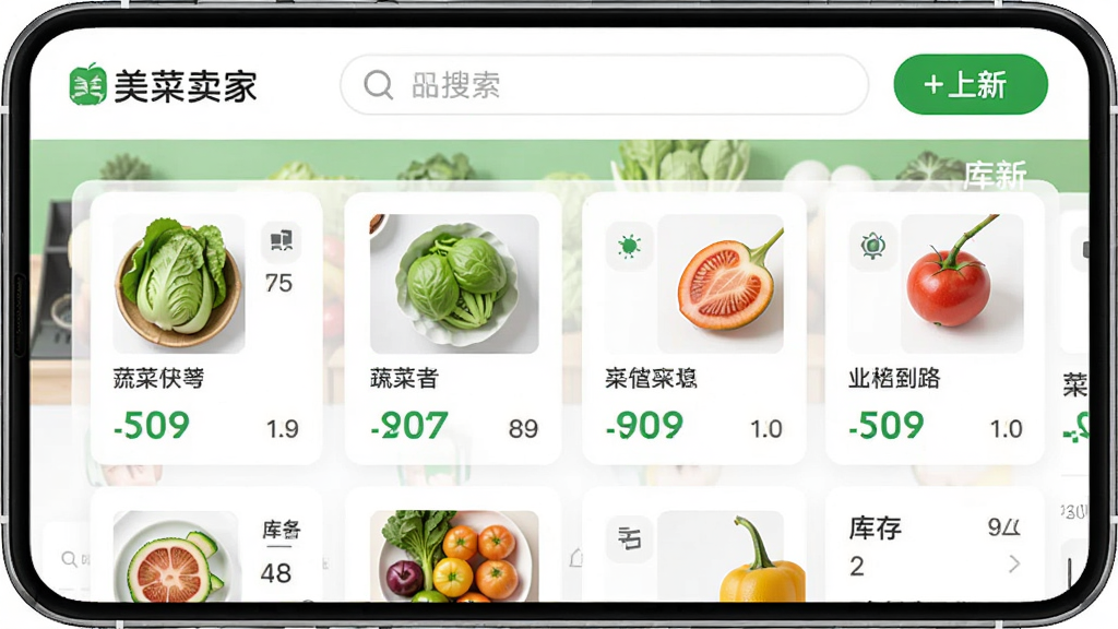 展示“美菜卖家”商品管理界面的概念图,以列表形式呈现多种蔬菜水果商品,每个商品配有缩略图、名称、价格和库存数量,顶部有搜索栏和“上新”按钮,界面采用绿白配色,图标设计简约清晰,整体风格清爽专业,突出移动端商品管理的便捷性,画质高清明亮,无多余杂物