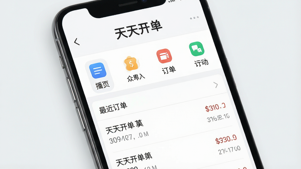 一张智能手机屏幕展示天天开单APP的主界面,界面顶部显示“天天开单”字样,下方是清晰的菜单图标和最近订单列表,背景为干净的浅灰色,整体风格简洁商务,画质干净,无多余元素
