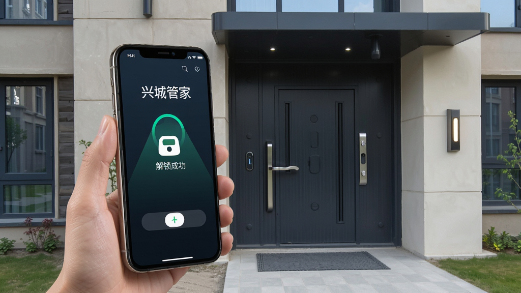 兴城管家蓝牙开门功能操作界面,手机贴近门禁设备,屏幕显示解锁成功动画,背景为现代小区单元门,界面清晰,操作流畅,风格写实,画质高清,无多余元素