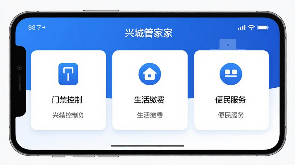 智慧社区APP兴城管家主界面预览图,展示门禁控制、生活缴费、便民服务三大核心功能模块,界面简洁现代,以蓝色为主色调,图标清晰,布局合理,风格科技感强,画质高清,干净无多余元素