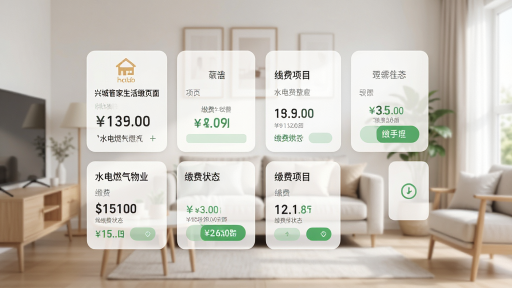 兴城管家生活缴费页面,展示水电燃气物业费等多种缴费项目,界面采用卡片式设计,清晰展示金额与缴费状态,背景为简约家居环境,风格清爽,画质高清,无多余元素