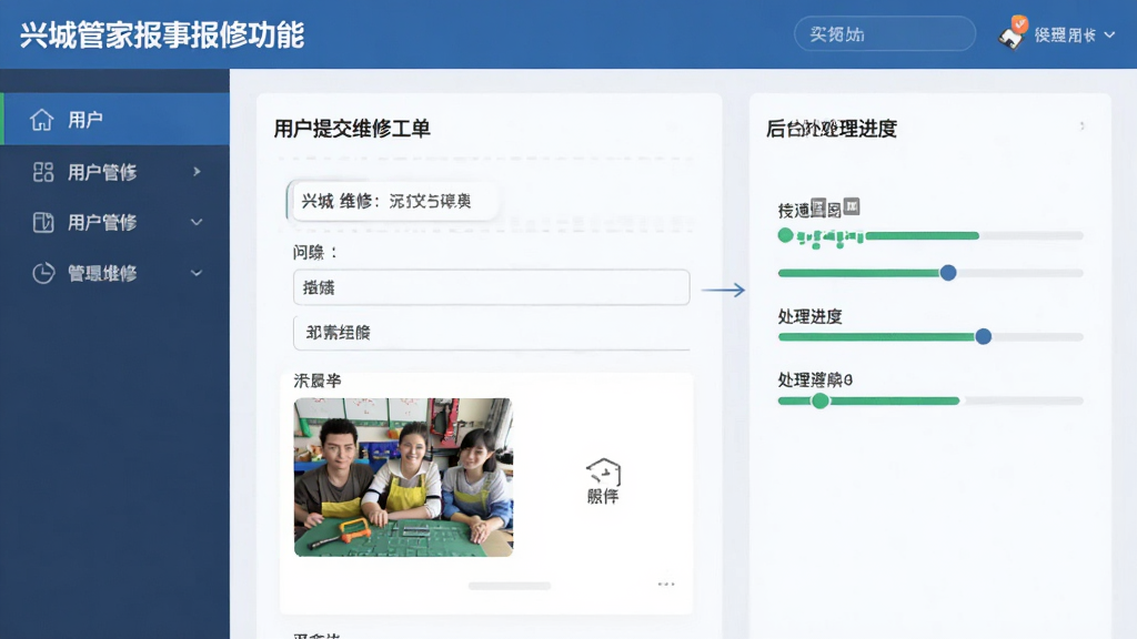 兴城管家报事报修功能界面,用户提交维修工单,填写问题描述并上传照片,后台显示处理进度,界面友好,操作流程清晰,风格简洁,画质高清,无多余元素