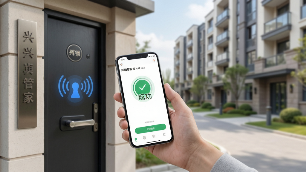 兴城管家APP使用场景图,用户手持手机在小区门口使用蓝牙开门,界面显示解锁成功,背景为现代住宅楼,风格自然,画质高清,干净无多余元素