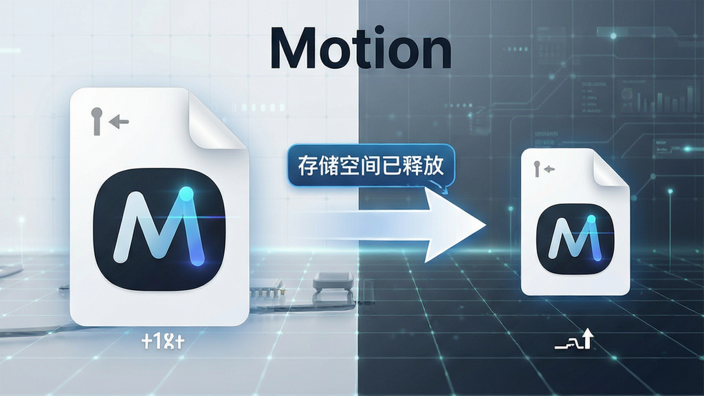 一幅展示Motion软件压缩功能的对比示意图,左侧为原始大文件图标,右侧为压缩后的小文件图标,中间用箭头连接,并伴有“存储空间已释放”的文字标签,背景为简洁的科技感网格,整体风格清晰直观,画质干净,突出“Motion”品牌名。