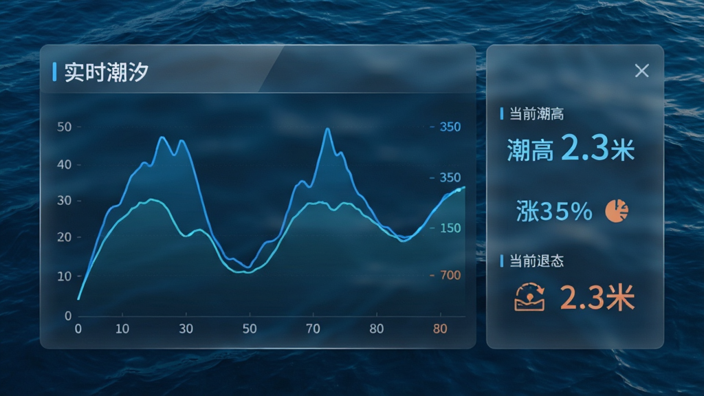 潮汐表预报实时数据监测界面,显示动态潮汐曲线、当前潮高数值和涨潮退潮状态图标,背景为深蓝色海洋纹理,数据面板采用半透明玻璃质感,文字标注“实时潮汐”和“潮高 2.3米”,整体科技感十足,画质清晰。