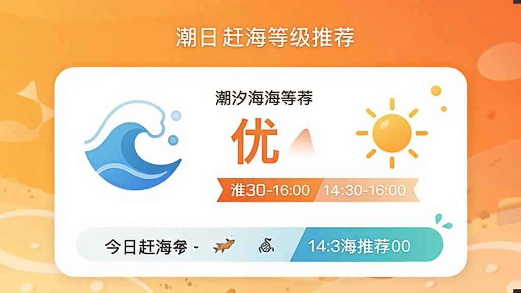潮汐表预报智能赶海推荐界面,显示今日赶海等级为“优”,推荐时段为“14:30-16:00”,卡片式设计配有海浪图标和太阳图标,背景为暖色渐变,突出推荐信息,画质清晰。