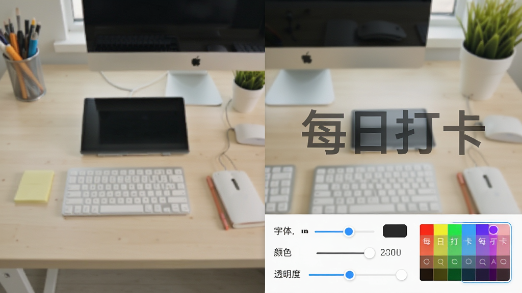 展示“每日打卡”软件水印添加功能的界面截图,左侧是原图,右侧是添加了半透明文字水印的效果图,水印文字为“每日打卡”,界面下方有字体、颜色、透明度调节选项,背景是简洁的工作台,设计风格清爽,布局合理,细节包括滑块和色板,画质清晰,干净无多余元素