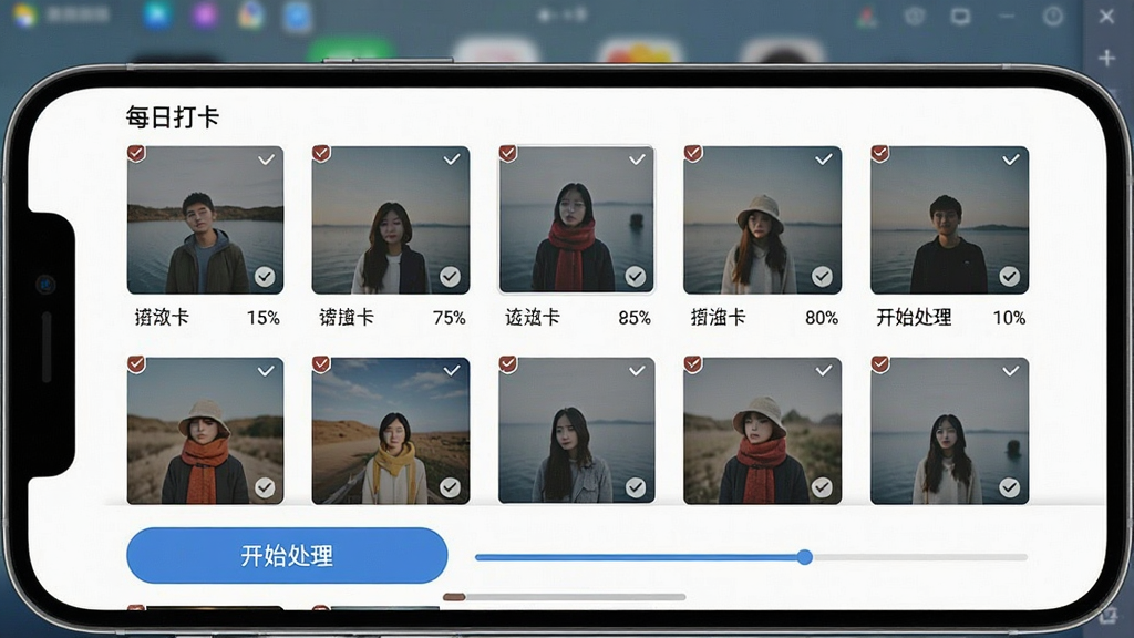 一张手机横屏截图,展示“每日打卡”软件的批量处理界面,屏幕上有多个图片缩略图,底部有“开始处理”按钮,旁边有进度条,背景是模拟器或手机桌面的虚化效果,图片风格写实,布局为列表式,排版整齐,细节包括图片缩略图上的勾选标记和进度百分比,画质清晰,干净无多余元素