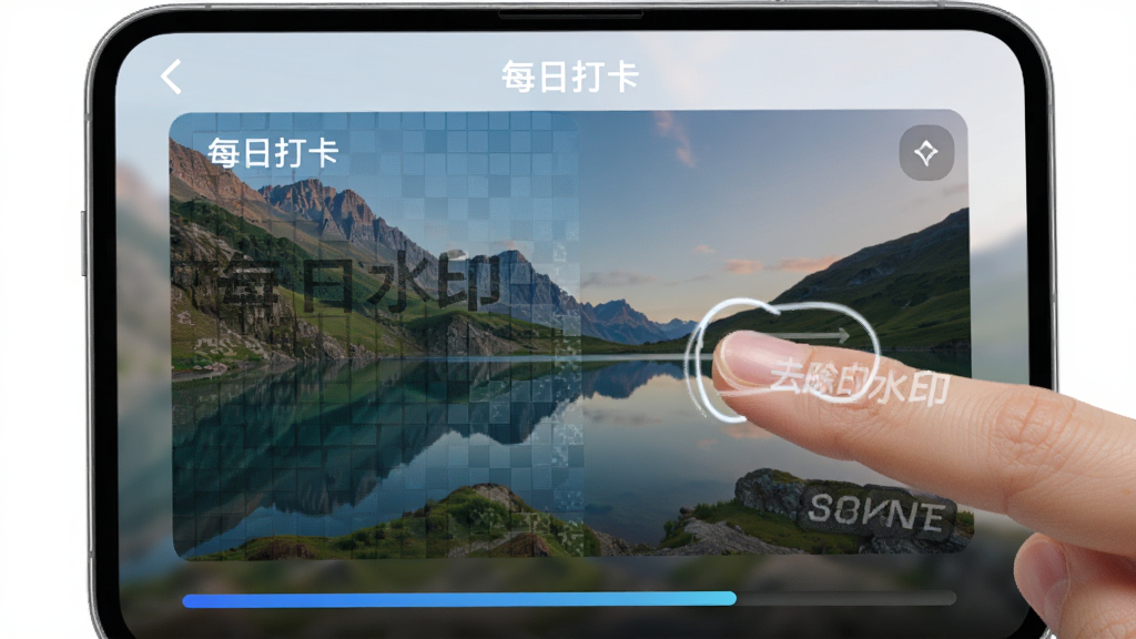 展示“每日打卡”软件去除水印功能的操作演示,手指在触屏上涂抹图片角落的水印文字,被涂抹的区域周围出现智能修复的网格纹理,图片背景是一张风景照片,界面下方显示处理进度条,整体风格科技感十足,布局清晰,排版整洁,细节展示手指滑动轨迹和修复效果对比,画质细腻,干净无多余元素