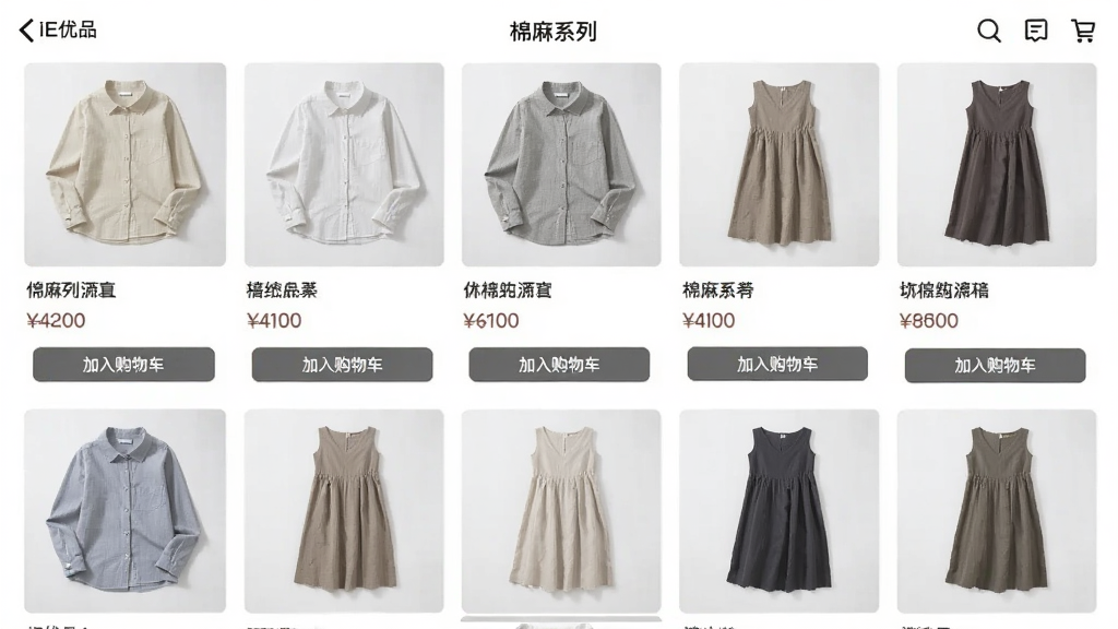 一张展示iE优品APP内“棉麻系列”商品列表的界面截图,主体为多件棉麻衬衫、长裙的平铺图,布局采用网格陈列,排版整洁,风格自然清新,细节包括商品名称、价格和“加入购物车”按钮,画质干净,无多余元素