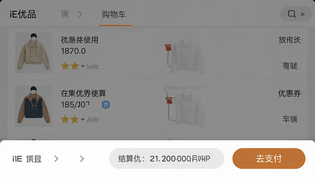 一张展示iE优品APP购物车与结算页面的截图,主体为购物车列表和底部结算栏,布局清晰,排版简洁,风格清爽,细节包括商品数量、优惠券使用和“去支付”按钮,画质干净,无多余元素