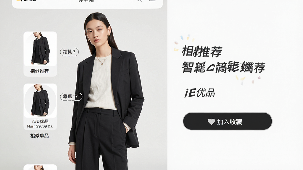 一张展示iE优品APP智能推荐功能的界面图,主体为一位模特穿着整套搭配,旁边标注推荐单品,布局为左图右文,排版层次分明,风格时尚现代,细节包括“相似推荐”和“加入收藏”按钮,画质清晰,干净无多余元素