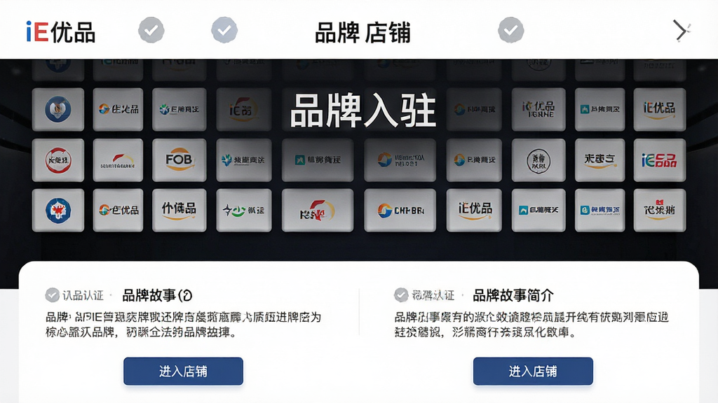 一张展示iE优品APP“品牌入驻”页面的预览图,主体为多个品牌Logo墙,下方有品牌故事简介,布局左右对称,排版大气,风格商务简洁,细节包括品牌认证标识和“进入店铺”按钮,画质高清,干净无多余元素
