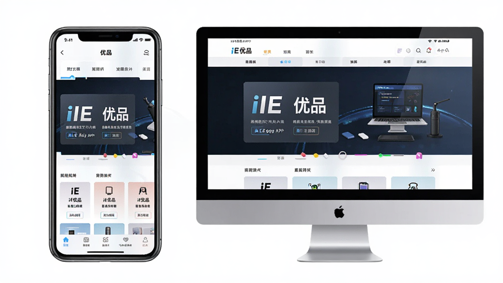 一张展示iE优品APP在手机与电脑模拟器上运行对比的图片,主体为左侧手机、右侧电脑显示器,屏幕均显示iE优品首页,布局对称,排版直观,风格科技感,细节包括设备边框和界面元素,画质清晰,干净无多余元素