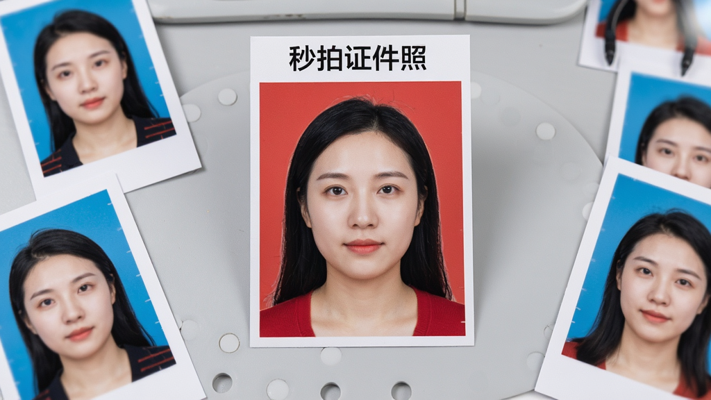 展示“秒拍证件照”输出的高清证件照样张,照片为一寸红底证件照,人物表情自然,画面细腻。背景为浅灰色工作台,上面散落着几张打印好的证件照,营造真实使用场景。整体布局为俯拍视角,风格为写实摄影,细节上强调照片色彩鲜艳、无瑕疵,画质高清,干净无多余元素。