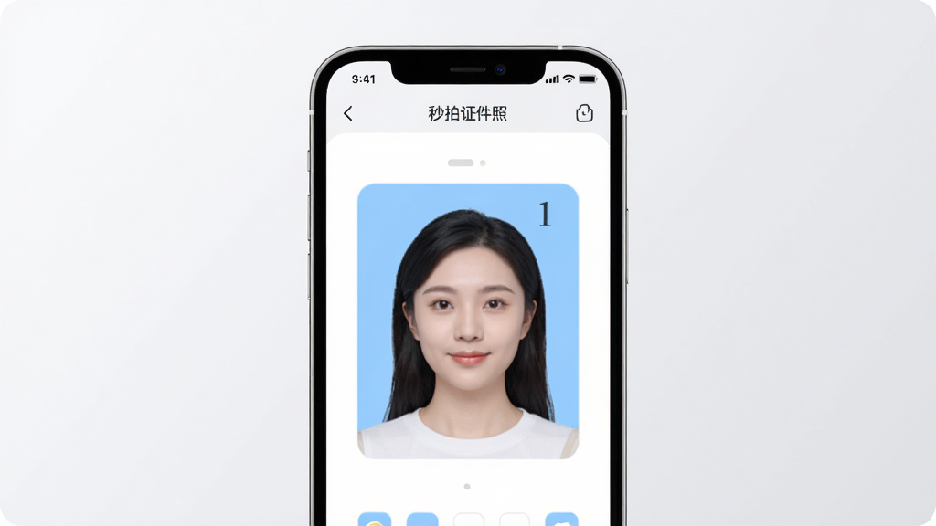 画面主体为“秒拍证件照”App的手机界面展示,居中显示,手机屏幕内呈现一张一寸证件照样板,背景为浅蓝色,人物形象清晰,界面简洁美观。背景为干净的浅灰色渐变,突出手机主体。整体排版采用居中构图,风格为现代扁平化UI设计,细节上强调图标圆润、色调柔和,画质高清,干净无多余元素。